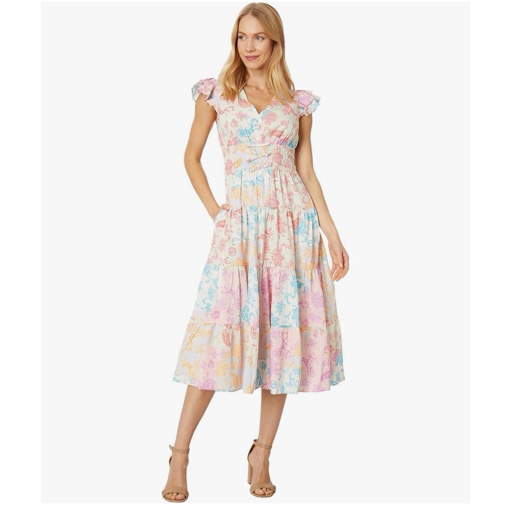 Vince Camuto‎ Womens Paisley Floral Tiered Midi Dress Pink Blue Size 2 NEW